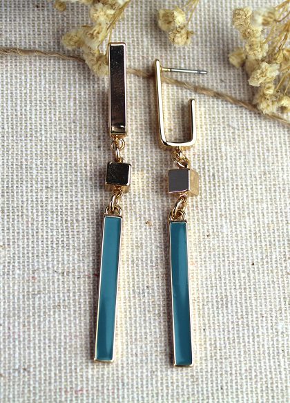 Oorbellen fantasie - Goudkleurig emaille petrol met kubus